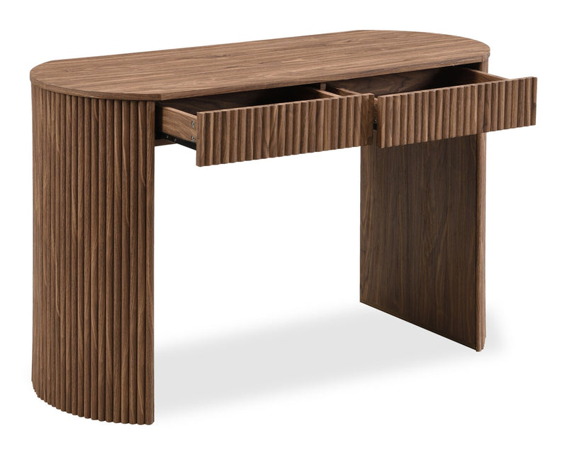 The Rowan 47" Fluted Vanity Table – Modern Curved Wood Dressing Desk with 2 Seamless Drawers (Warm Brown)