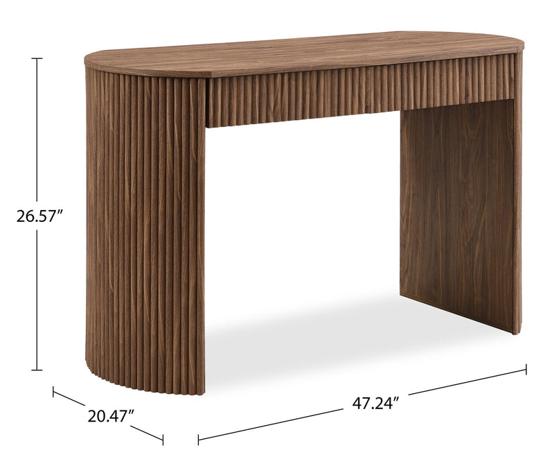 The Rowan 47" Fluted Vanity Table – Modern Curved Wood Dressing Desk with 2 Seamless Drawers (Warm Brown)