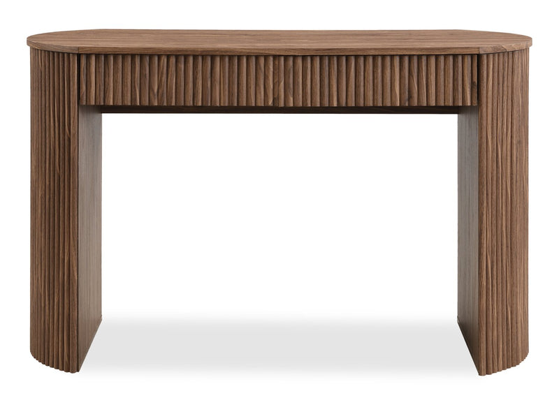 The Rowan 47" Fluted Vanity Table – Modern Curved Wood Dressing Desk with 2 Seamless Drawers (Warm Brown)
