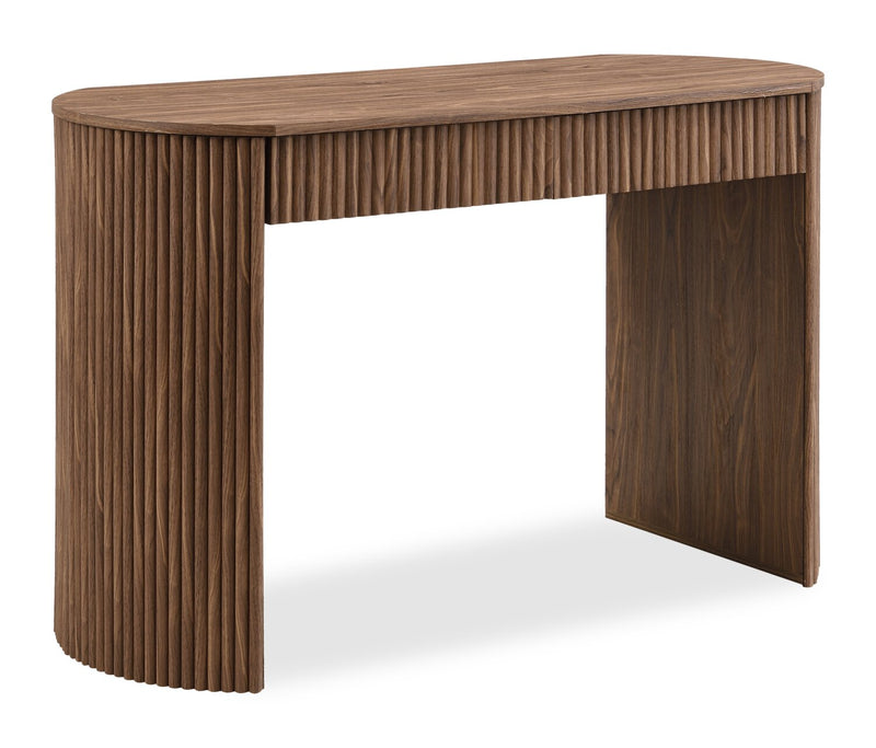 The Rowan 47" Fluted Vanity Table – Modern Curved Wood Dressing Desk with 2 Seamless Drawers (Warm Brown)